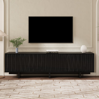 Retro Style Wood Grain TV Stand With Wavy Door Design For TVs Up To 75, Rustic Media Console With Ample Storage Space, Sturdy Base TV Cabinet With Cable Management For Living Room, Bedroom, Black