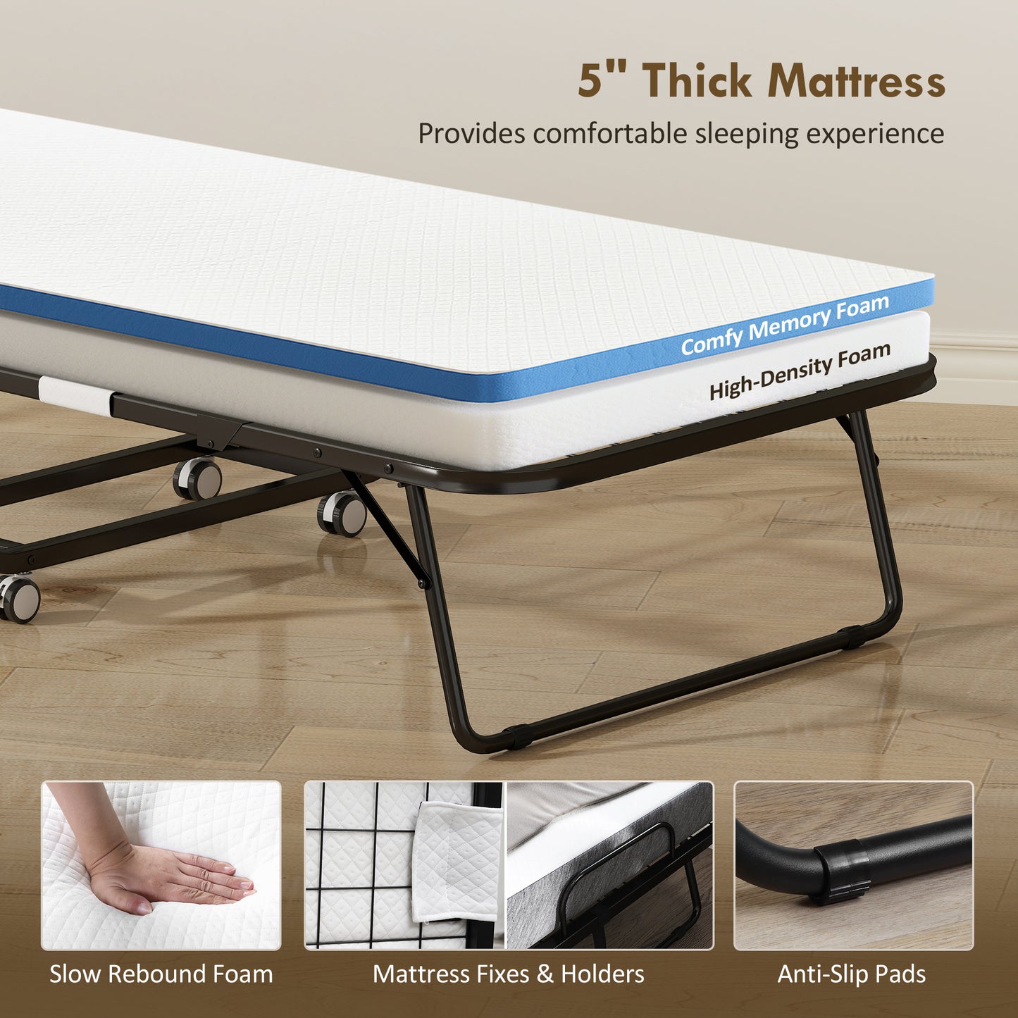 Folding Bed with Mattress for Adults, Single Size, Portable Foldable Bed with Memory Foam Mattress & Steel Frame, White