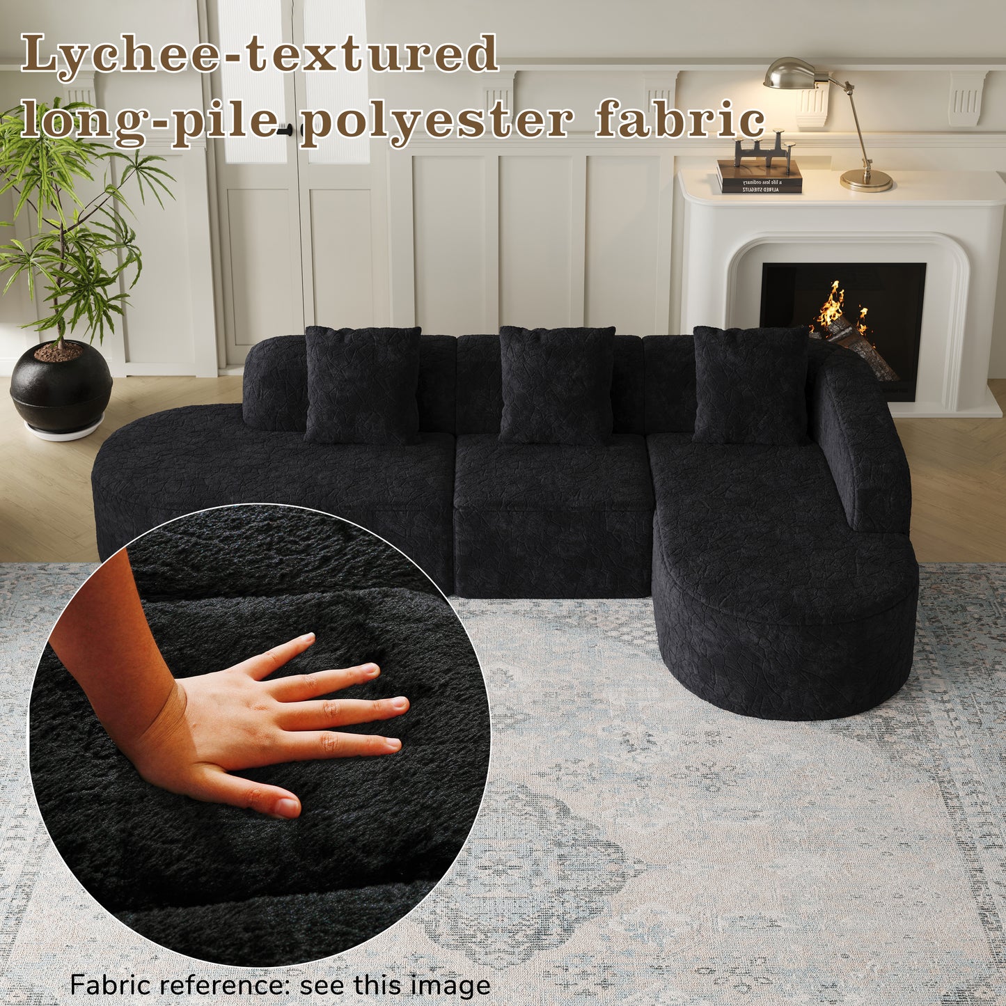 111.8-inch L-shaped Curved Modular Sofa, Modern Design Featuring Lychee-textured Long-pile Polyester Fabric, Curved Backrest With Three Pillows
