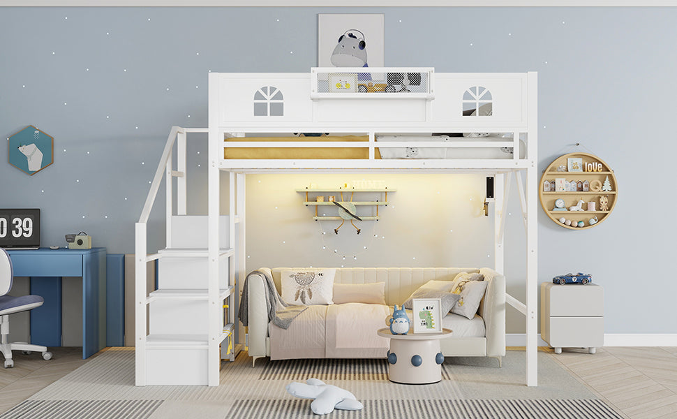 Full Size Loft Bed With Stairs, Metal Full Loft Bed With High And House Shaped Guardrails, High Loft Bed With Wardrobe For Kids Teens, White Old SKU W2593S00037 Expect Arrival Datee2026 3 17