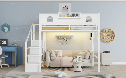 Full Size Loft Bed With Stairs, Metal Full Loft Bed With High And House Shaped Guardrails, High Loft Bed With Wardrobe For Kids Teens, White Old SKU W2593S00037 Expect Arrival Datee2026 3 17