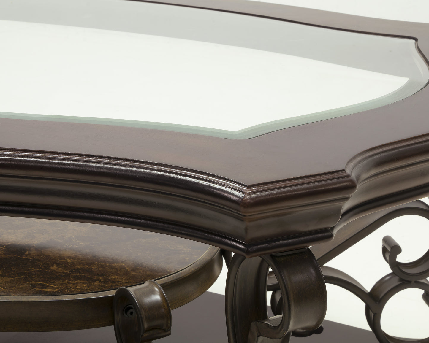 Cocktail Table, Glass Table Top, MDF W Marble Paper Middle Shelf, Powder Coat Finish Metal Legs. 52Lx32Wx20.3H