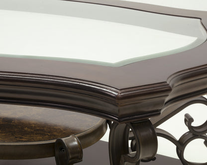Cocktail Table, Glass Table Top, MDF W Marble Paper Middle Shelf, Powder Coat Finish Metal Legs. 52Lx32Wx20.3H