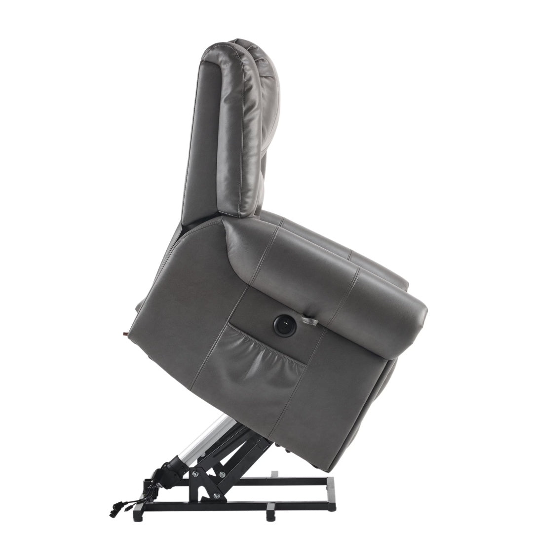 Power Lift Recliner Chair With Massage & Heat, Single Motor Lift Chair, Breathable PU Faux Leather, USB  Type-C, Side Pockets, Grey