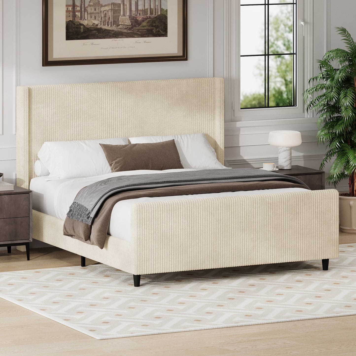 50.7'' High Headboard Corduroy Upholstered Bed Frame With Vertical Stripe Wingback And High Footboard No Box Spring Needed, Queen Size, Cream