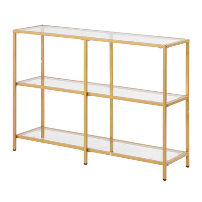 3-Tier Glass Console Table, Modern Rectangle Sofa Side Table With Tempered Glass Top And Iron Legs, Golden Consloe Desk With Anti-Tip Device For Living Room, Hallway, Entryway, Foyer, Golden