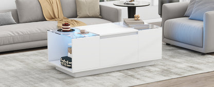 U-Can Led Coffee Table, Modern Center Table With High-Gloss Finish And Glass Tabletop, Coffee Table With Open Storage Compartment And 2 Hidden Drawers  For Living Room