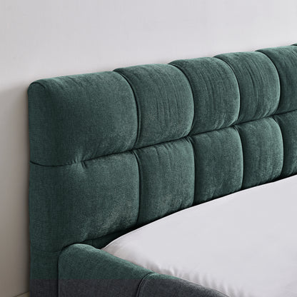 Queen Size Upholstered Bed Frame With Thick Fabric, Chenille Fabric Grounded Queen Size Platform Bed With Headboard And Solid Frame. No Box Spring Needed, GREEN  68x86.5x23.5