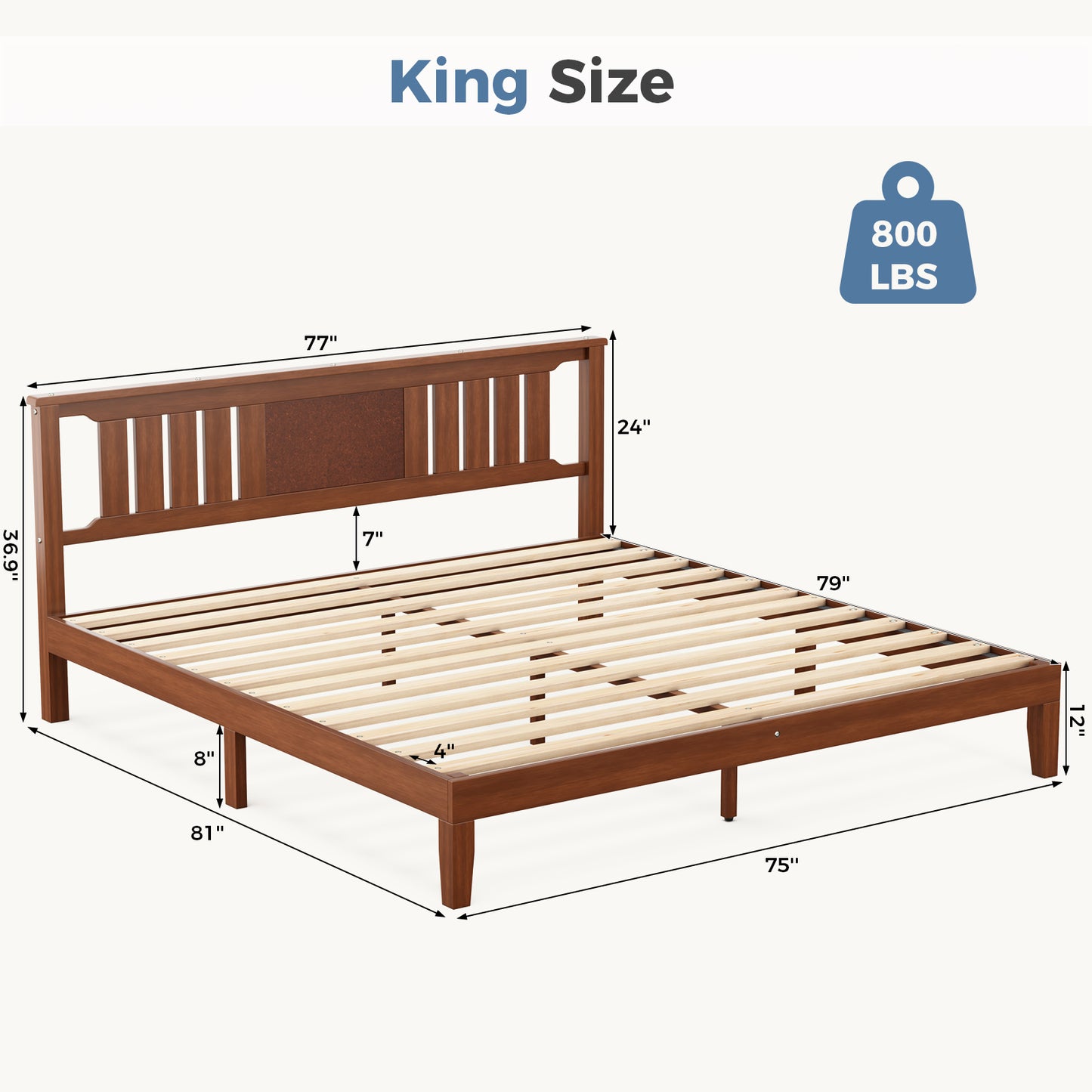 Solid Wooden Bed Frame With Headboard, Sturdy Wooden Crossbars For Support, Heavy Pine Bedroom Bed Frame