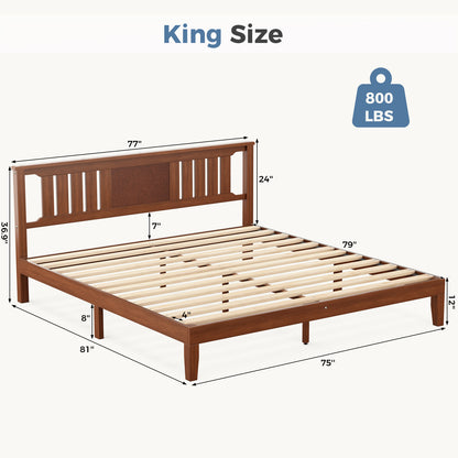 Solid Wooden Bed Frame With Headboard, Sturdy Wooden Crossbars For Support, Heavy Pine Bedroom Bed Frame