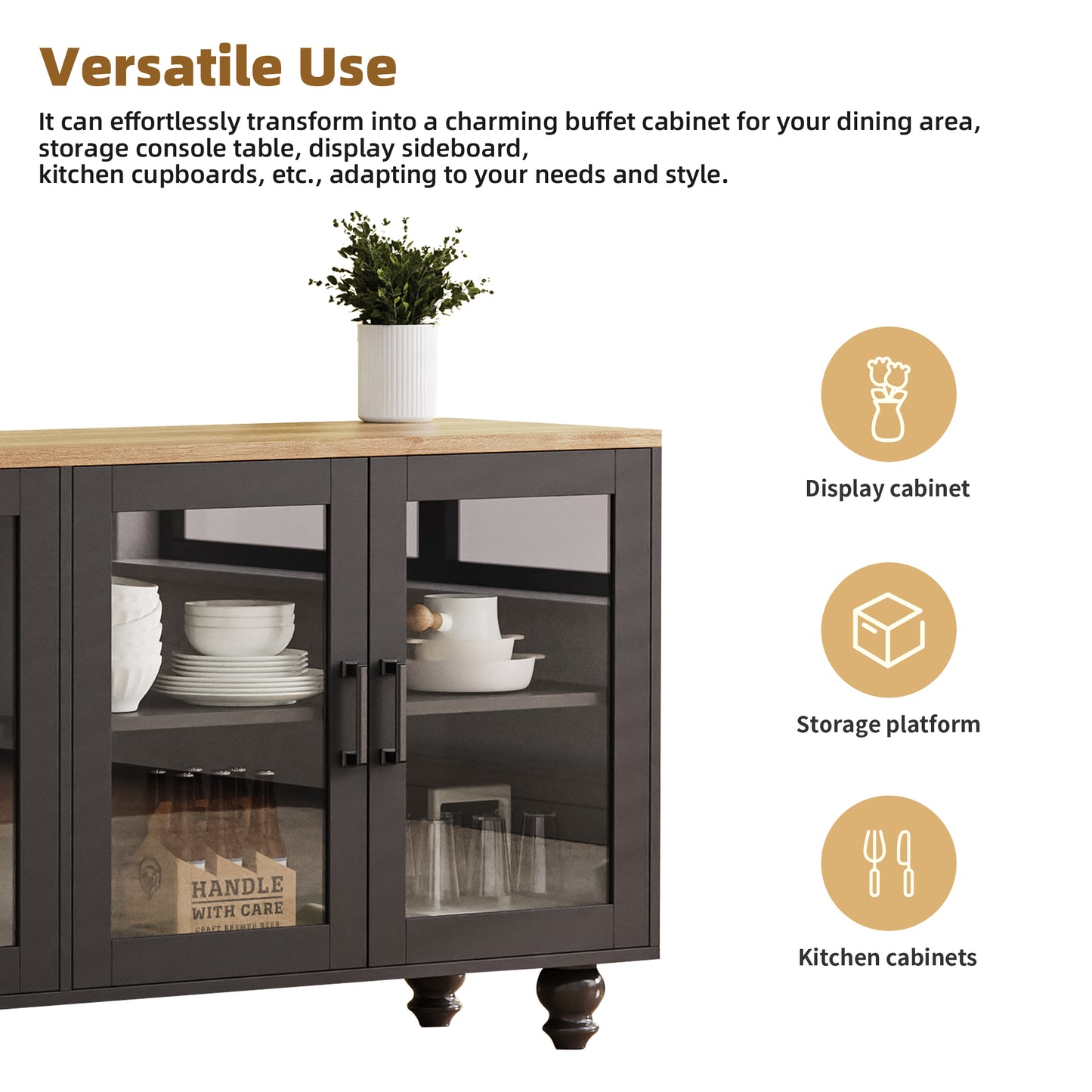 ON-TREND Farmhouse TV Stand With Solid Wood Gourd-Shaped Legs For TVs Up To 70, Entertainment Center With Bookshelves & Tempered Glass Doors, Media Console With Adjustable Shelves, Living Room, Black