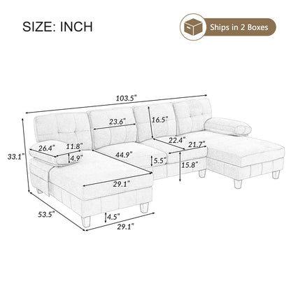 U-shaped Sectional Sofa 103.5 Chenille Fabric Couch With Dual Chaise Lounges, Storage Pockets And Armrest Pillows For Living Room, Grey