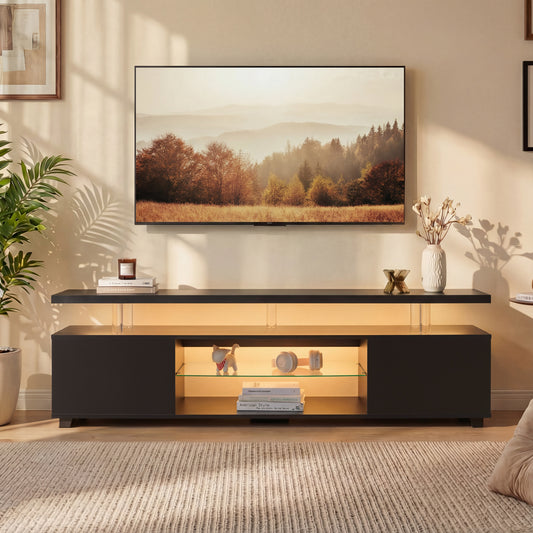 TV Stand For 70 Inch TV LED Gaming Entertainment Center Media Storage Console Table With Large Side Cabinet For Living Room Black