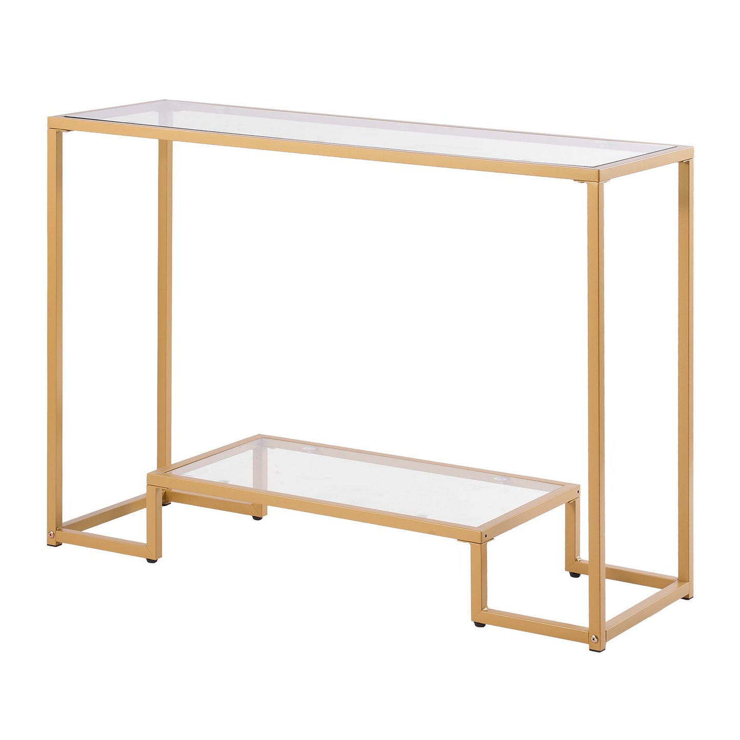2-Tier Glass Console Table, Modern Rectangle Sofa Side Table With Tempered Glass Top And Iron Legs, Golden Consloe Desk With Anti-Tip Device For Living Room, Hallway, Entryway, Foyer, Golden