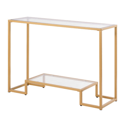 2-Tier Glass Console Table, Modern Rectangle Sofa Side Table With Tempered Glass Top And Iron Legs, Golden Consloe Desk With Anti-Tip Device For Living Room, Hallway, Entryway, Foyer, Golden
