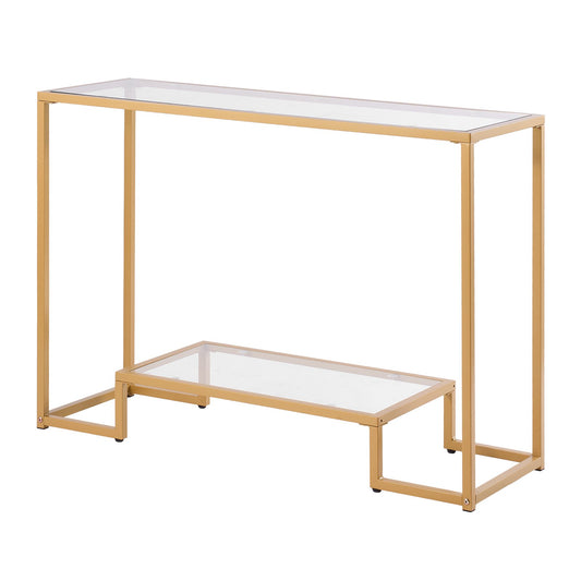2-Tier Glass Console Table, Modern Rectangle Sofa Side Table With Tempered Glass Top And Iron Legs, Golden Consloe Desk With Anti-Tip Device For Living Room, Hallway, Entryway, Foyer, Golden
