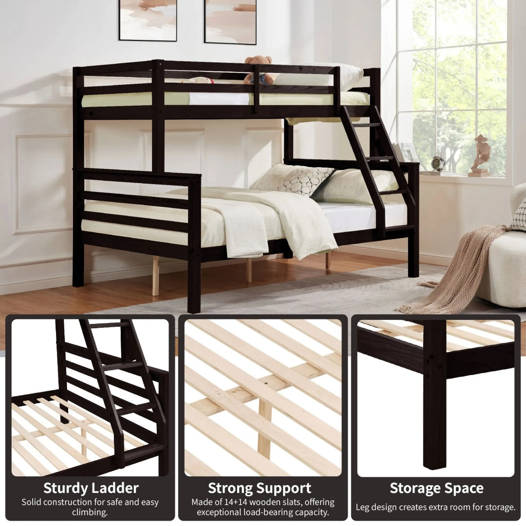 Twin Over Full Bunk Bed With Thick Posts,Wooden Bunk Bed With High Guardrail And Ladder For Kids, Teens, Dorm Rooms, And Guest Rooms,No Box Spring Needed,Espresso