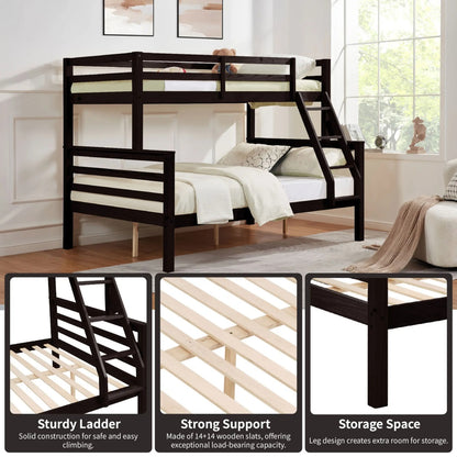 Twin Over Full Bunk Bed With Thick Posts,Wooden Bunk Bed With High Guardrail And Ladder For Kids, Teens, Dorm Rooms, And Guest Rooms,No Box Spring Needed,Espresso