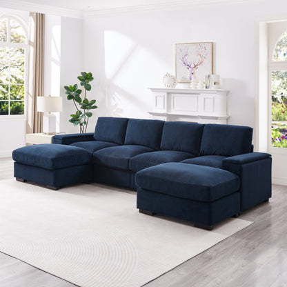 Sectional Sofa Deep Seat Sofa Couch With Ottomans, Corduroy Sofa Sleeper Comfy Upholstered Furniture For Living Room, Apartment, Office, 4-Seat & 2-Ottoman, Blue