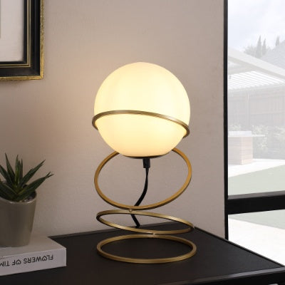 13.5 H Glass Globe Matte Gold Spiral 4 Ring Metal Stand Table Lamp For Living Room, Nightstand Bedside Table Lamp For Bedroom, LED Lamp