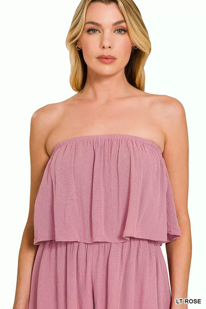 Zenana Woven Crinkle Strapless Rompers