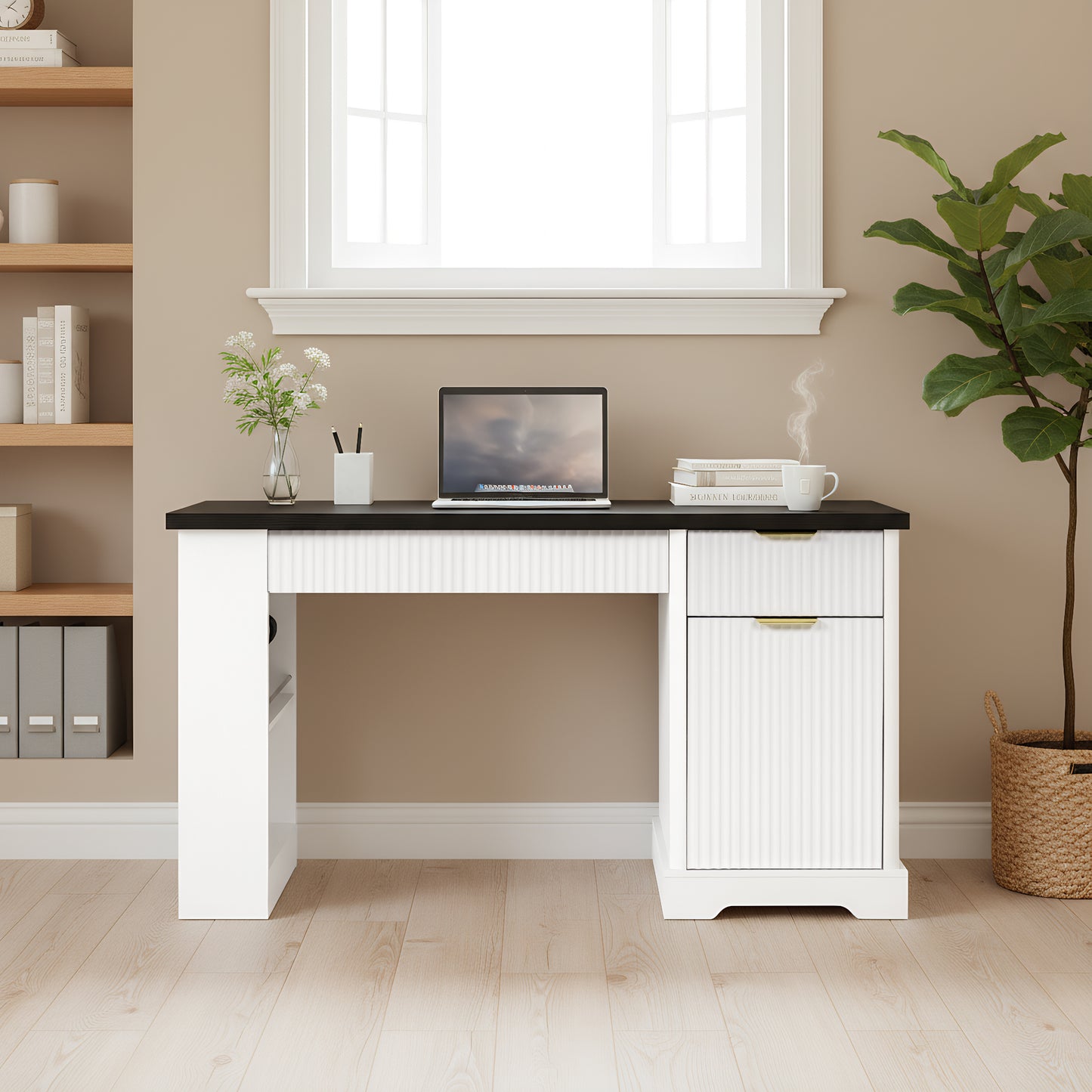 55 Modern Fluted Office Desk With Storage Cabinet  Drawers, Computer Writing Desk With Power Outlet, Pegboard, Built-in Shelves And Keyboard Tray For Study, Living Room, Home Office, White