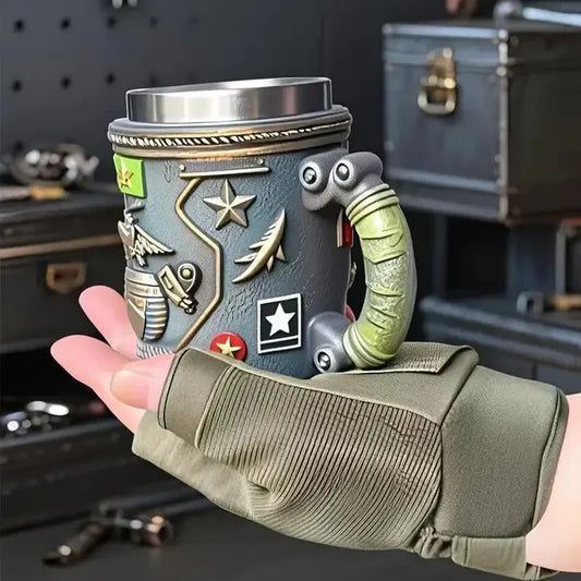 Military-Themed Double-Wall Insulated Mug With Tactical Rifle & Grenade Design - Army Beer Cup For Camping, For Man Cave, Or Gifts - Hot/Cold Beverage Cup For Soldiers, Veterans, History Buffs - Durab
