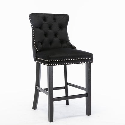 Contemporary Velvet Upholstered Barstools With Button Tufted Decoration And Wooden Legs, And Chrome Nailhead Trim, Leisure Style Bar Chairs,Bar Stools, Set Of 2 Black,SW2002BK