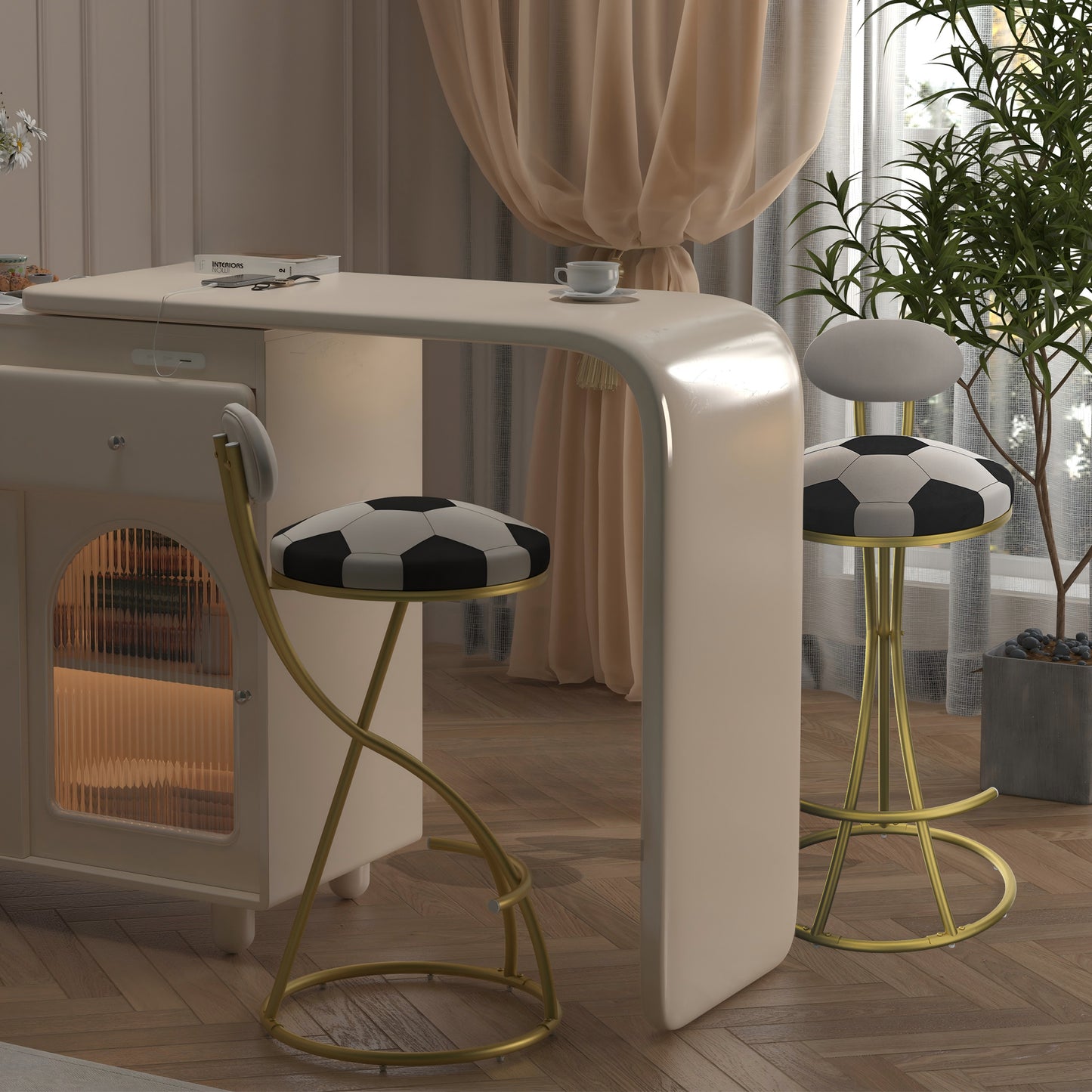 Football Print Bar Stools Set Of 2 Upholstered Counter Height Barstool For Kitchen Island S-shaped Velvet Metal Dining Chairs Gold Frame  Creamy White Back