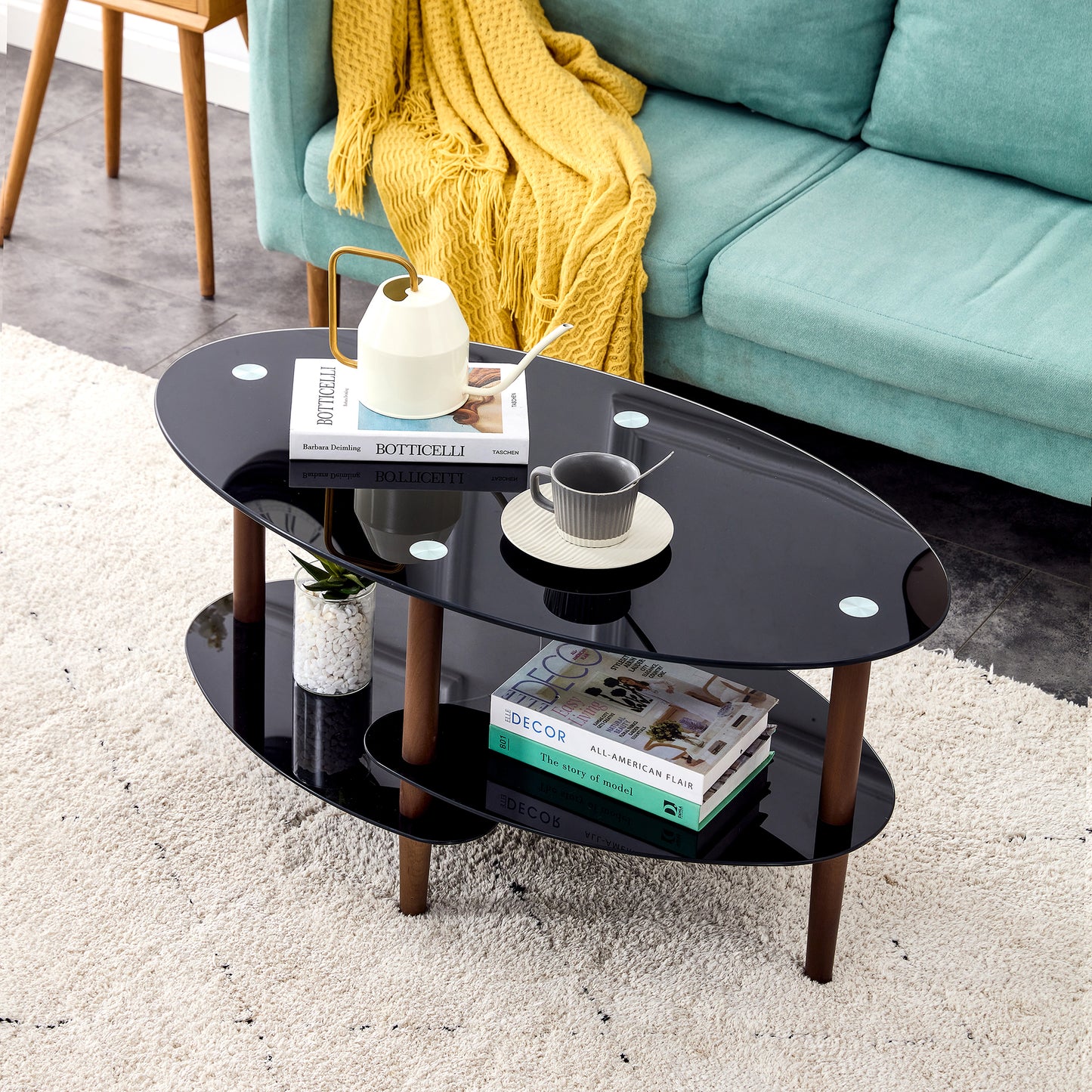 Black Oval Glass Coffee Table, Modern Table In Living Room Oak Wood Leg Tea Table 3-layer  Tempered Glass Table
