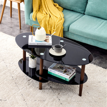 Black Oval Glass Coffee Table, Modern Table In Living Room Oak Wood Leg Tea Table 3-layer  Tempered Glass Table