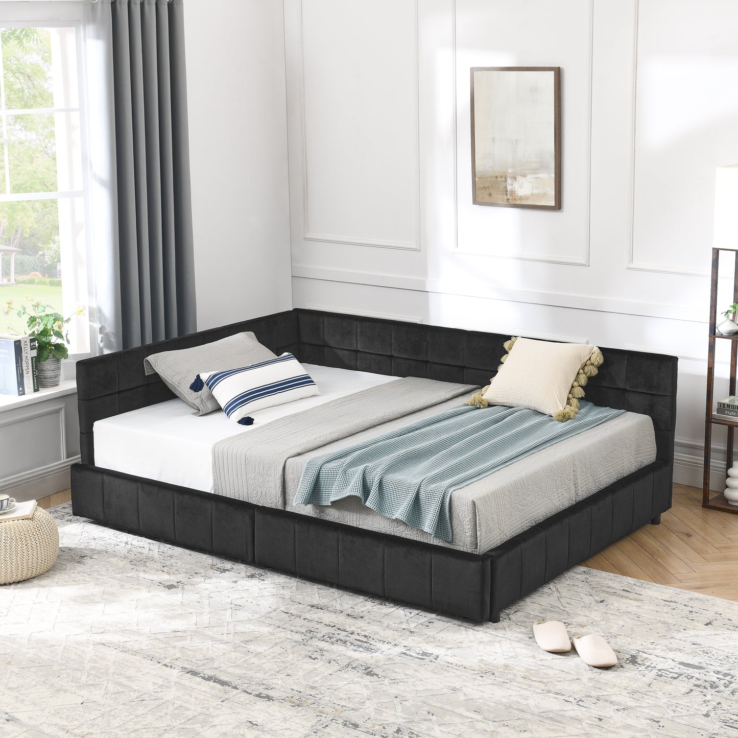 Full Size Storage Upholstered Tufted Bed Frame, Sofa Bed Frame With Comfortable Backrest And Armrests, Full Size Bed For Bedroom, Living Room,Velvet, BLACK 80.5x59x29.5