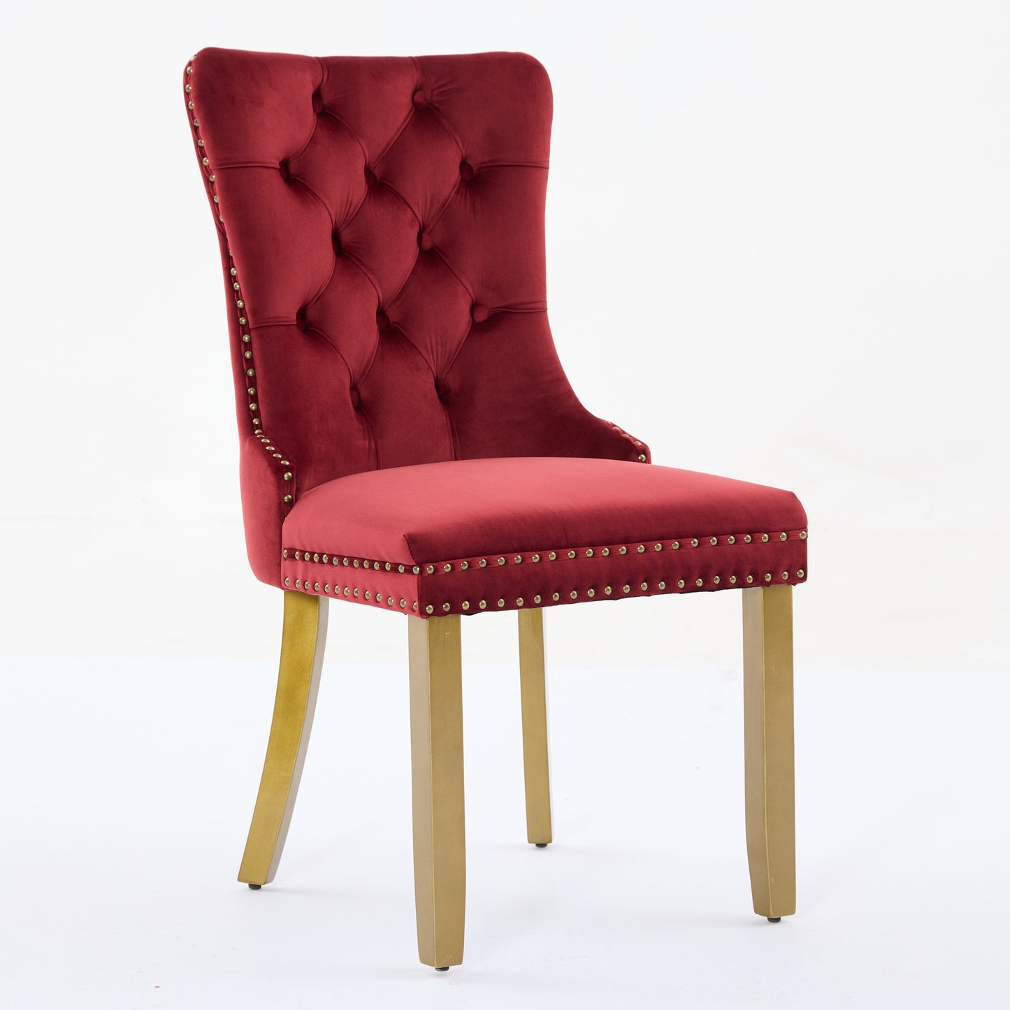 Mid-Century Modern Chairs With Lion Head Pull Ring,High-end Tufted Solid Wood Contemporary Velvet Upholstered Dining Chair With Golden Wooden Legs Nailhead Trim 2-Pcs Set,Wine Red,SW1201WR