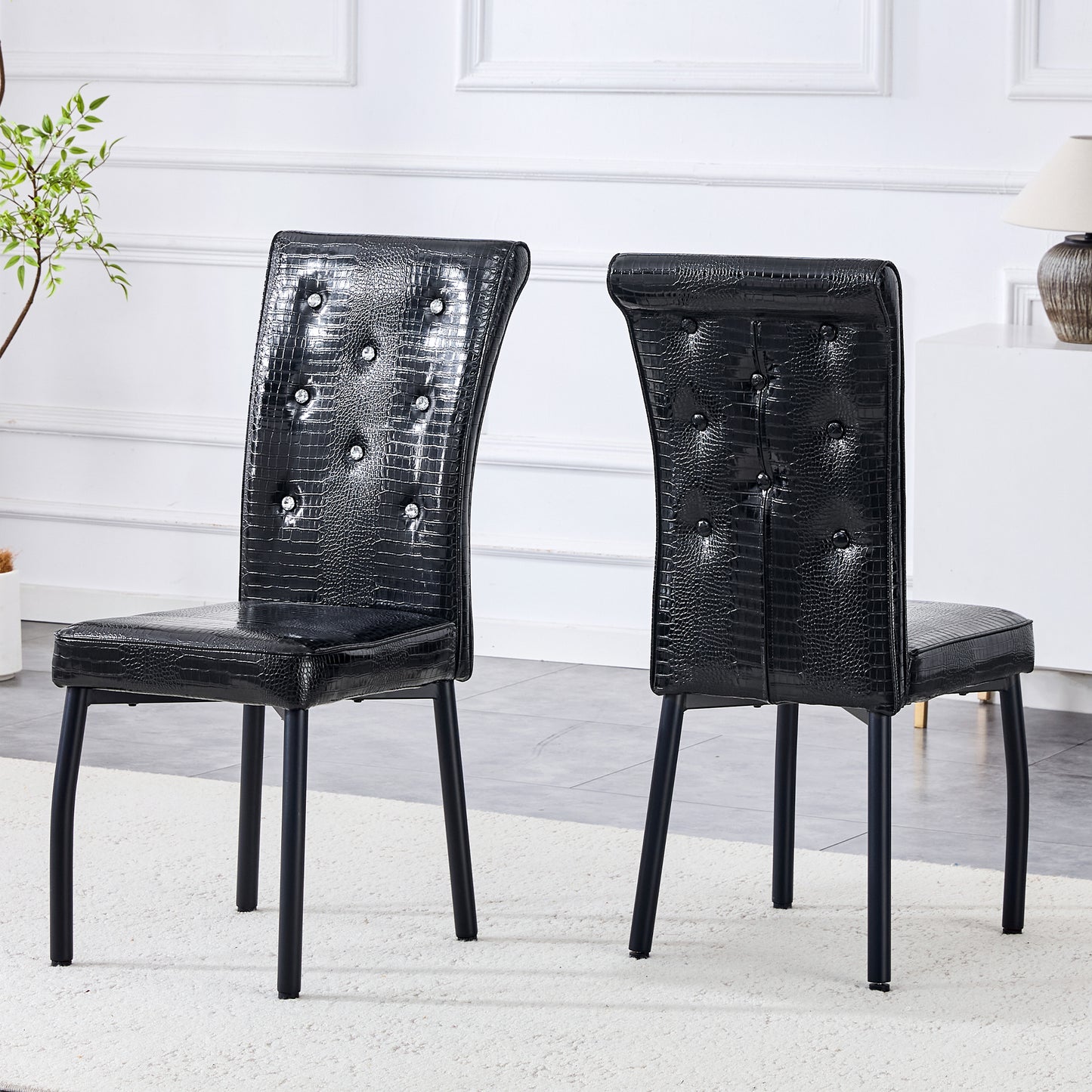 A Set Of 2 Black Vintage Crocodile Leather Cushioned Dining Chairs, Featuring Crystal Clasp Design And Artificial Leather Design, Adding A Touch Of Elegance And Mystery To The Dining Area
