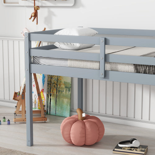 Solid Wooden, Rubber Wooden Twin Loft Bed With Ladder, Bed Platform Of Strengthened Slats , Grey