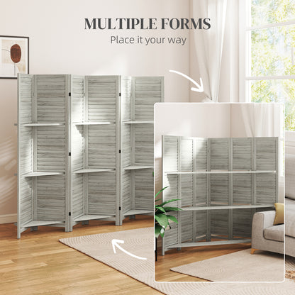 6 Panel 67" Tall Wood Privacy Screen Room Divider with 3 Shelves and Folding Storage for Bedroom, White