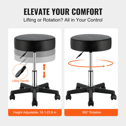 VEVOR Rolling Stools With Wheels, 400 LBS Weight Capacity Adjustable Height Stool With Ultra Thick Seat Cushion, Swivel Stools Chair For Salon, Bar, Home, Office, Tatoo, Medical, Massage, Black