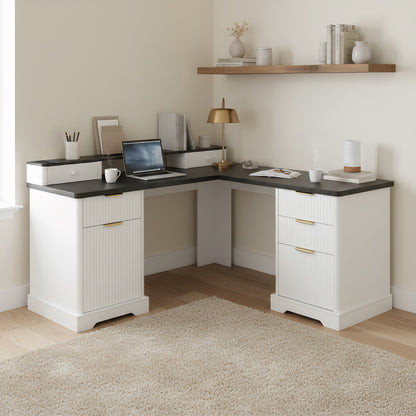 59 Modern Fluted L-Shaped Desk With Charging Station  Storage Cabinet - Home Office Computer Desk With Monitor Stand, File Drawer And Removable Support Shelf For Study, Home Office, White