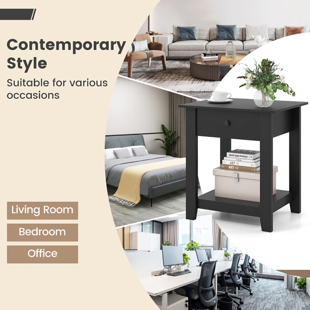 Nightstand With Drawer 3-Tier Modern Bedside Table With Open Shelf And Storage