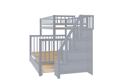 Twin Over Full Stairway Bunk Bed With Trundle,Gray