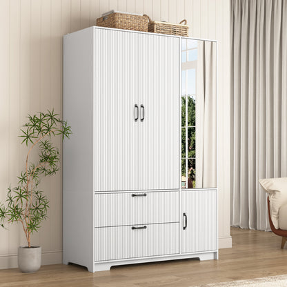 4 Doors Wardrobe Closet With Mirror, LED Wardrobe With Doors And 2 Drawers, Wooden Wardrobe Storage Cabinet With Hanging Rod, Adjustable Shelves, White