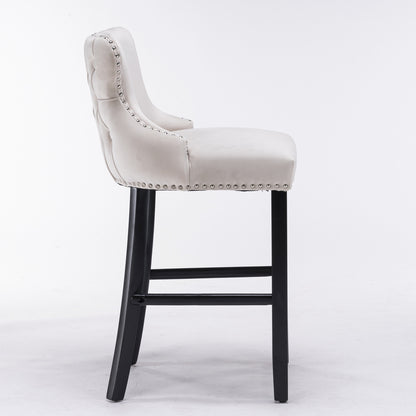 A&A Furniture,Contemporary Velvet Upholstered Wing-Back Barstools With Button Tufted Decoration And Wooden Legs, And Chrome Nailhead Trim, Leisure Style Bar Chairs,Bar Stools, Set Of 2 Beige,SW1824B