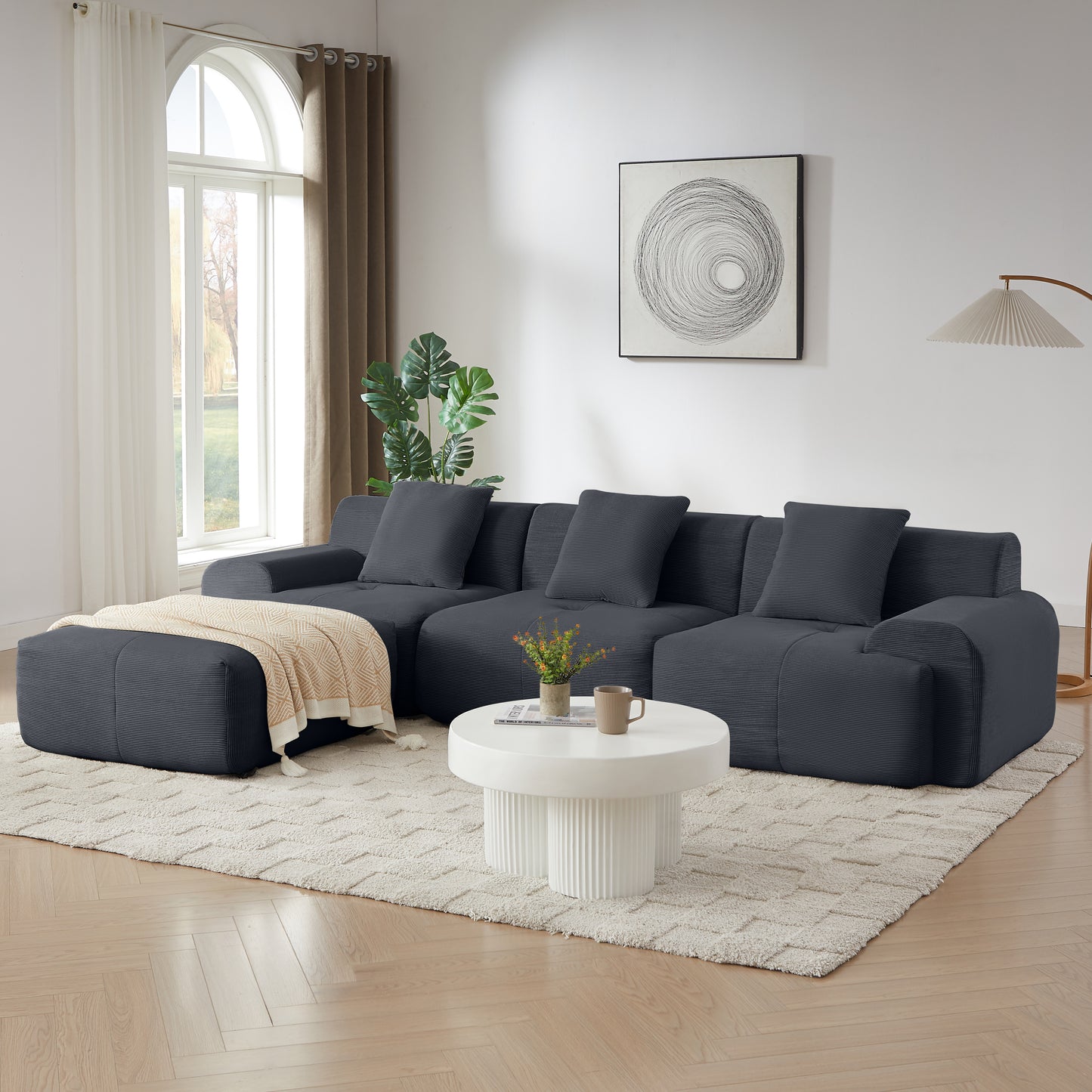 113 Modern L-Shaped Modular Sectional Sofa For Living Room, Corduroy Upholstery Dark Gray, Oversized 3-Seater Couch With Deep Seat And Movable Ottoman No Assembly