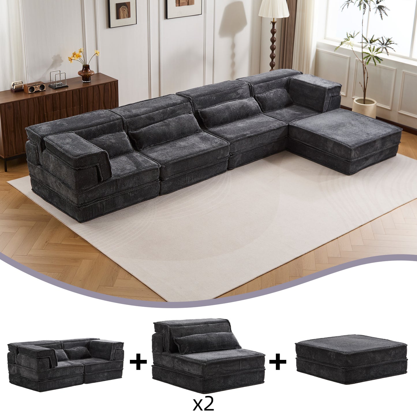 Compression Mahjong Sofa,Convertible Floor Sofa Bed,DIY Boneless Modular Sectional Sofa,No Assembly Required,Circle Fleece Fabric,Oversized 4 Seater With 1 Ottoman,Dark-grey