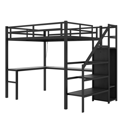 Twin XL Size Loft Bed With L-shaped Desk And USB, Metal Loft Bed With Wardrobe And Adjustable Shelf, High Loft Bed With LED For Kids Teens Adults, Black
