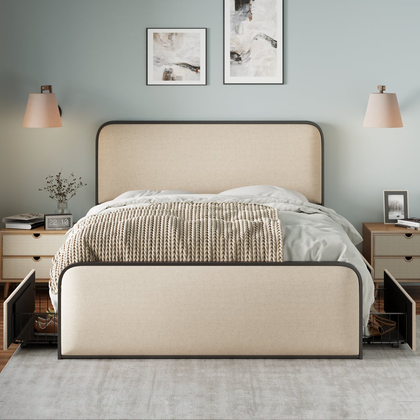 Modern Metal Bed Frame With Curved Upholstered Headboard And Footboard Bed With 4 Storage Drawers, Heavy Duty Metal Slats, Queen Size, Beige