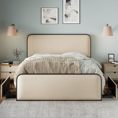 Modern Metal Bed Frame With Curved Upholstered Headboard And Footboard Bed With 4 Storage Drawers, Heavy Duty Metal Slats, Queen Size, Beige