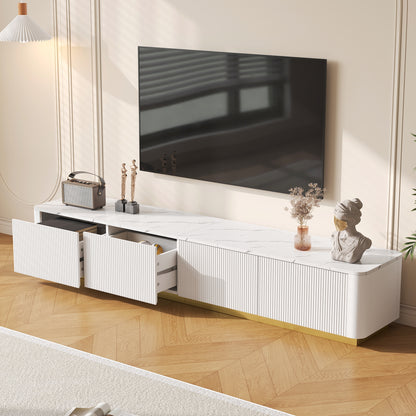 ON-TREND Luxury Fluted TV Stand For TVs Up To 85, Faux Marble Tabletop Media Console With 4 Drawers, Curved Profile Design, Modern Entertainment Center With Gold Base For Living Room, White