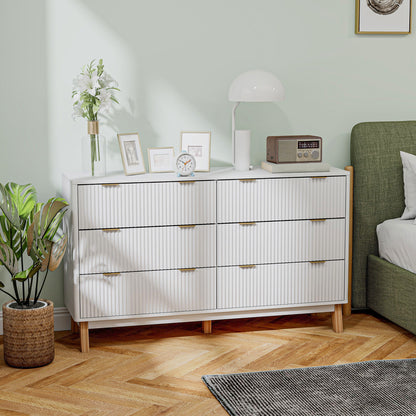 6 Drawer Double Dresser for Bedroom, Fluted Chest of Drawers with Gold Finger Pulls and 5 Wood Legs, White