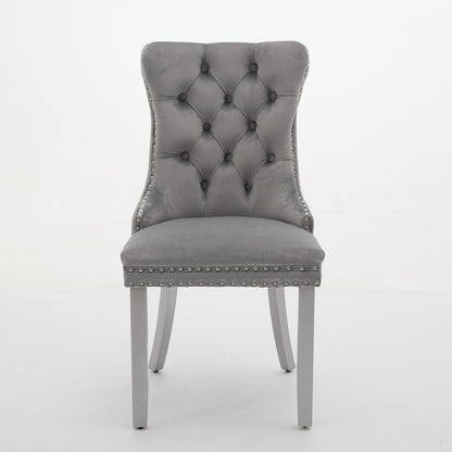 A&A Furniture, Nikki Modern, High-end Tufted Solid Wood Contemporary Velvet Upholstered Dining Chair With Wood Legs Nailhead Trim 2-Pcs Set, Light Gray,